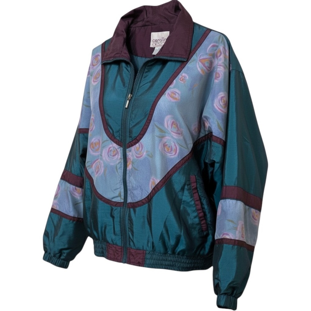 Carolina Colours Vintage 90s Teal Floral Iridescent Windbreaker Jacket Small